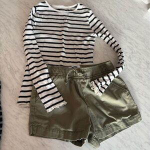 H&M striped rib tee and army green shorts bundle size 6-7
